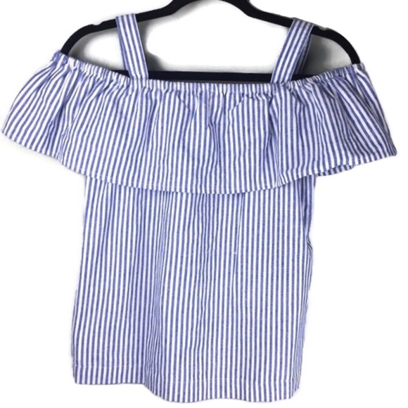 J Crew Factory Striped Flounce Cold Shoulder Linen Blend Top Size 0 - Picture 1 of 8